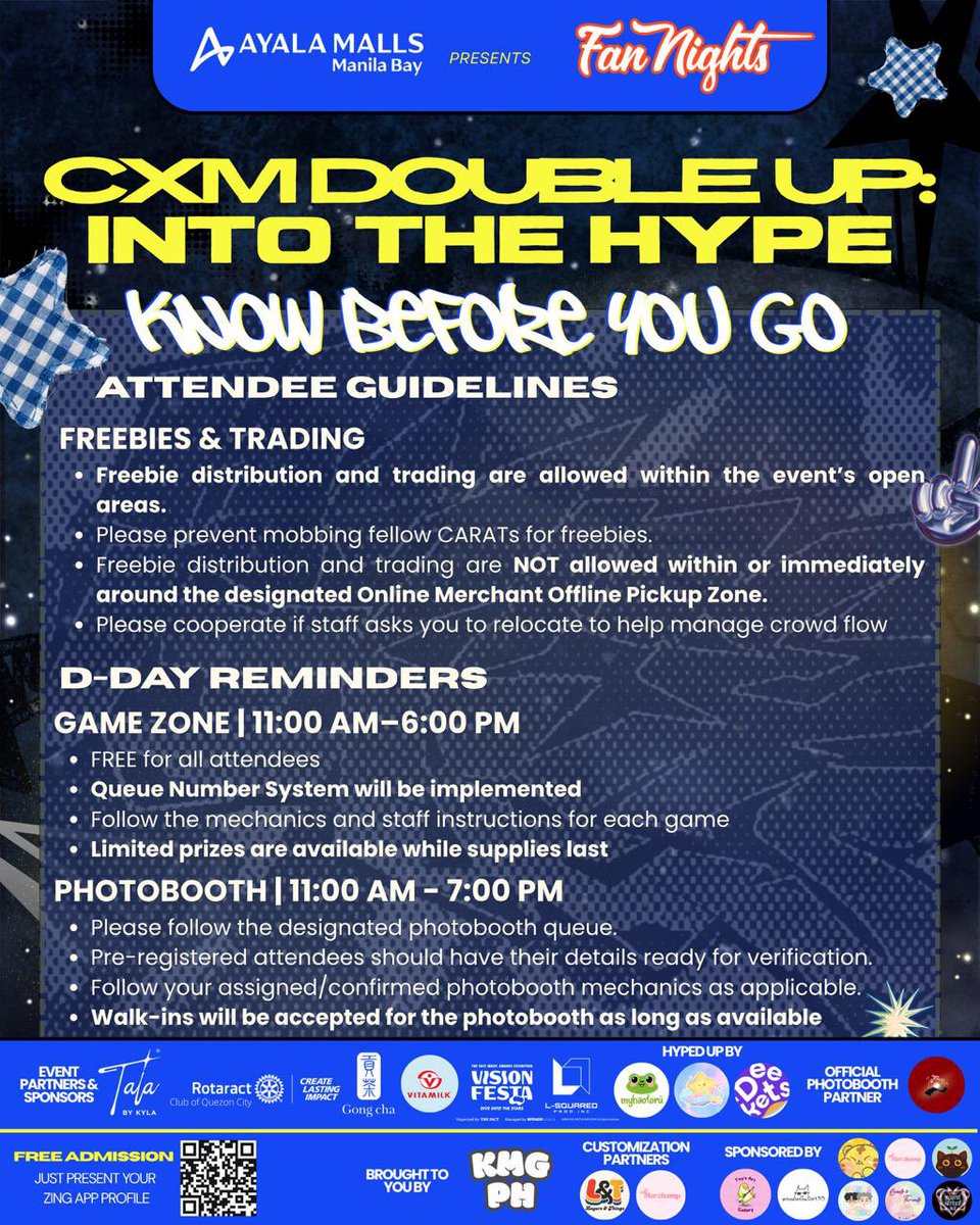 kmingyu_extph's tweet photo. CARATs, WE’RE ALMOST THERE! 💙💛

Before we officially DOUBLE UP INTO THE HYPE tomorrow, here are a few important D-Day reminders to help everyone have a smooth, safe, and HYPE-filled experience! 👀💥

Swipe through our Attendee Guidelines, D-Day Reminders, and Event Floor Plan so you know what to expect, where to go, and what to keep in mind throughout the day.

🚪 Doors open at 11:00 AM
🎤 Main Program: 1:00 PM–8:00 PM
📍 Sun Garden, Ayala Malls Manila Bay

Don’t forget to have your ZING App profile ready for entry, keep an eye on your belongings, follow the designated queues, and be mindful of your fellow CARATs as we enjoy the space together.🫶

Freebie giving and trading are welcome within the event’s open areas! Just remember to keep pathways clear and avoid conducting trades or freebie distribution in or around the Online Merchant Offline Pickup Zone.

There’s A LOT waiting for you tomorrow, from our merchants and partners to the Game Zone, photobooth, activities, and more 👀

We hope you're ready to come for a full day of HYPE!

See you TOMORROW, CARATs! 🥹💙💛

DOUBLE UP AND GET INTO THE HYPE! 💥

#CxMHYPEinAMMB #DOUBLEUPinAMMB #FanNightsAtAMManilaBay #AtTheBay