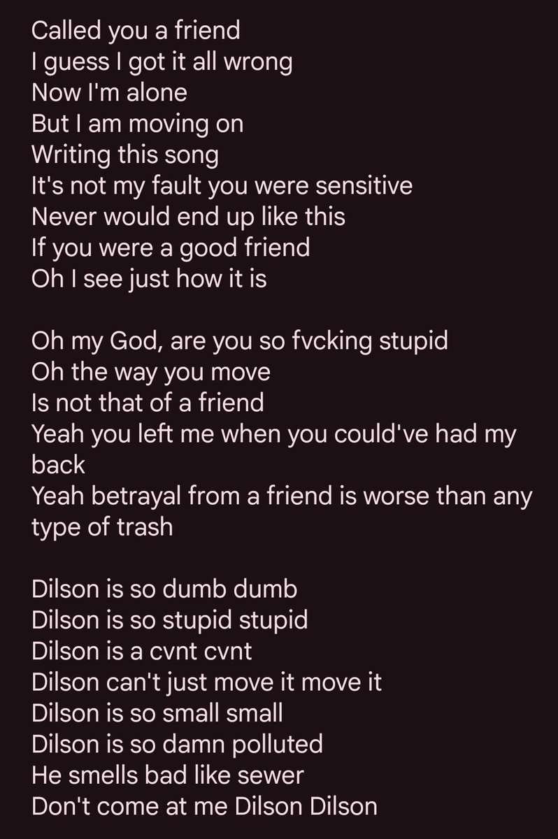 luck_anneshiro's tweet photo. idk how accurate this is but here's the lyrics of the song "Dilson is so Dumb" by YY (⁠ ⁠/⁠^⁠ω⁠^⁠)⁠/⁠♪⁠♪ https://t.co/4FuW9c8THo