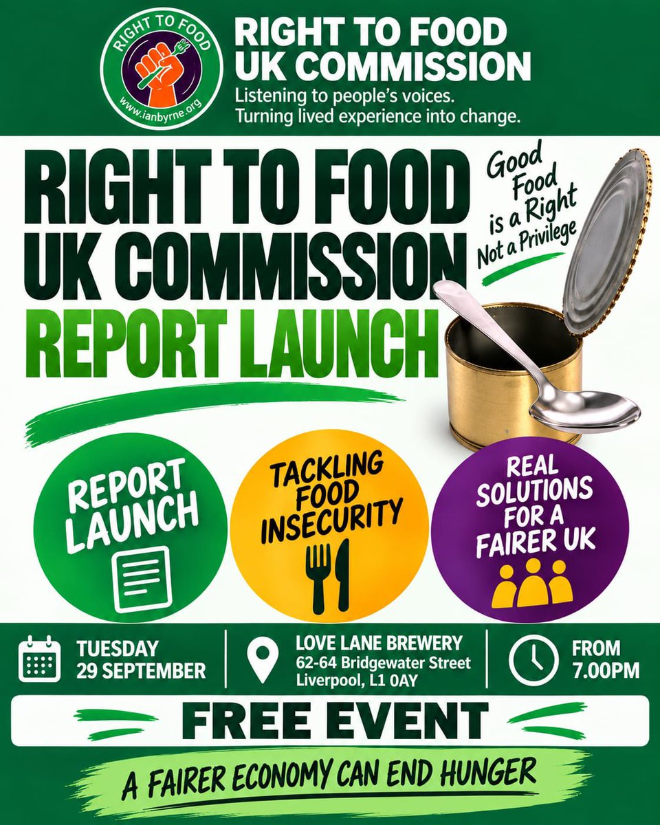 IanByrneMP's tweet photo. After many months of listening to communities across the UK and hearing first-hand how people are suffering because of a political choices, we are extremely proud to present the findings of our #RightToFoodCommission on Tuesday.

All are welcome. ✊

#RightToFood
#HungerIsAPoliticalChoice