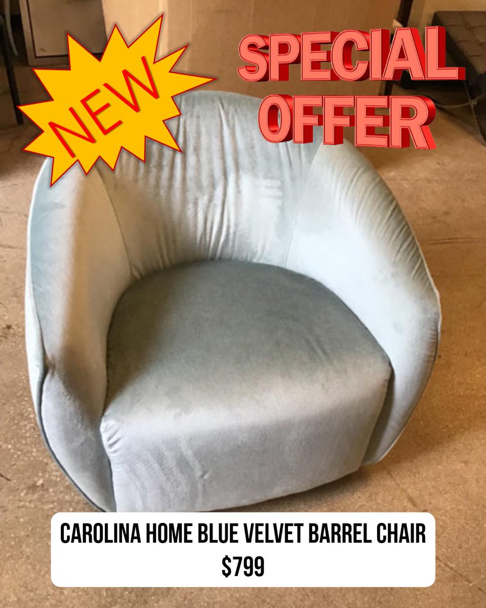 EliciaNass's tweet photo. That chair you’ve been looking for might be here. The Carolina Home Blue Velvet Barrel Chair combines luxury, comfort, and style for just $799. Perfect for any room or cozy corner. See it in person and imagine it in your home. https://t.co/8YayLzXsks