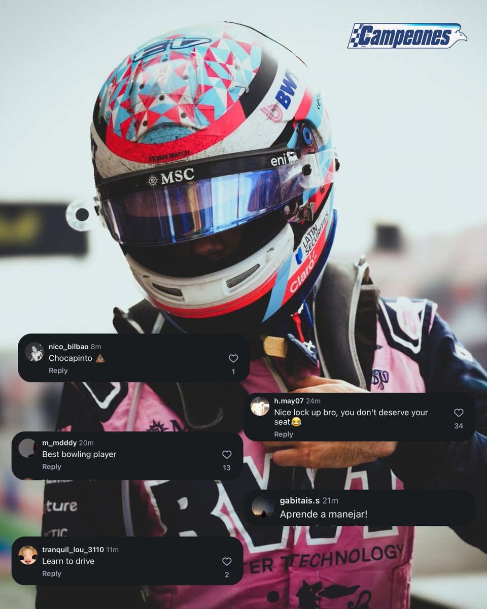 Campeonesnet's tweet photo. #F1 | ❌ ¿Habrá un comunicado de UAOA y FIA por esto?

📲 Luego del incidente que dejó fuera de carrera a los Alpine, #Colapinto comenzó a recibir diversas agresiones en las redes sociales. https://t.co/fIn2BHRPtM