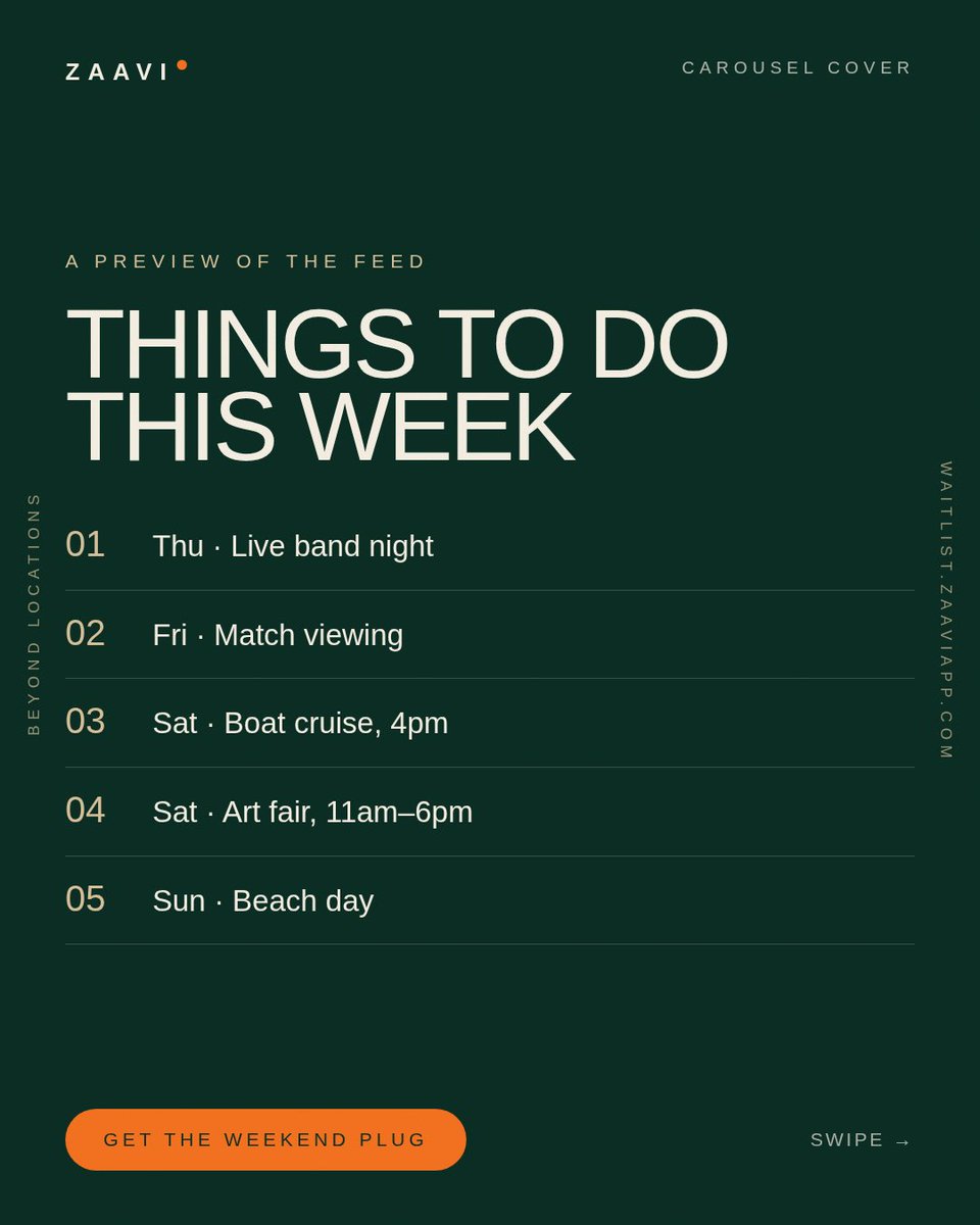 zaaviapp's tweet photo. Your weekend plans, sorted. ๐
The Weekend Plug shows you whatโs happening in your city, with times and places. No group-chat stress. Just plug in and go.
Join the waitlist โ link in bio.
#Zaavi #WeekendPlans #ThingsToDoInLagos https://t.co/LjVnWczWsV