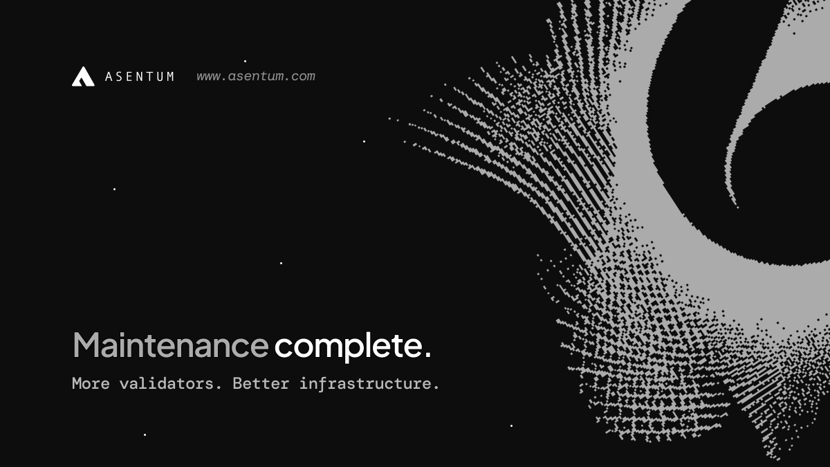 Asentum's tweet photo. Maintenance is complete 🟢

Thanks for the patience through the disruptions. Seeing so many new validators come online over the past 24 hours has made the work worth it.

This is testnet doing its job - test, optimize, scale, repeat.

Asentum keeps getting stronger ⚡️ https://t.co/zJ81F6i7RB