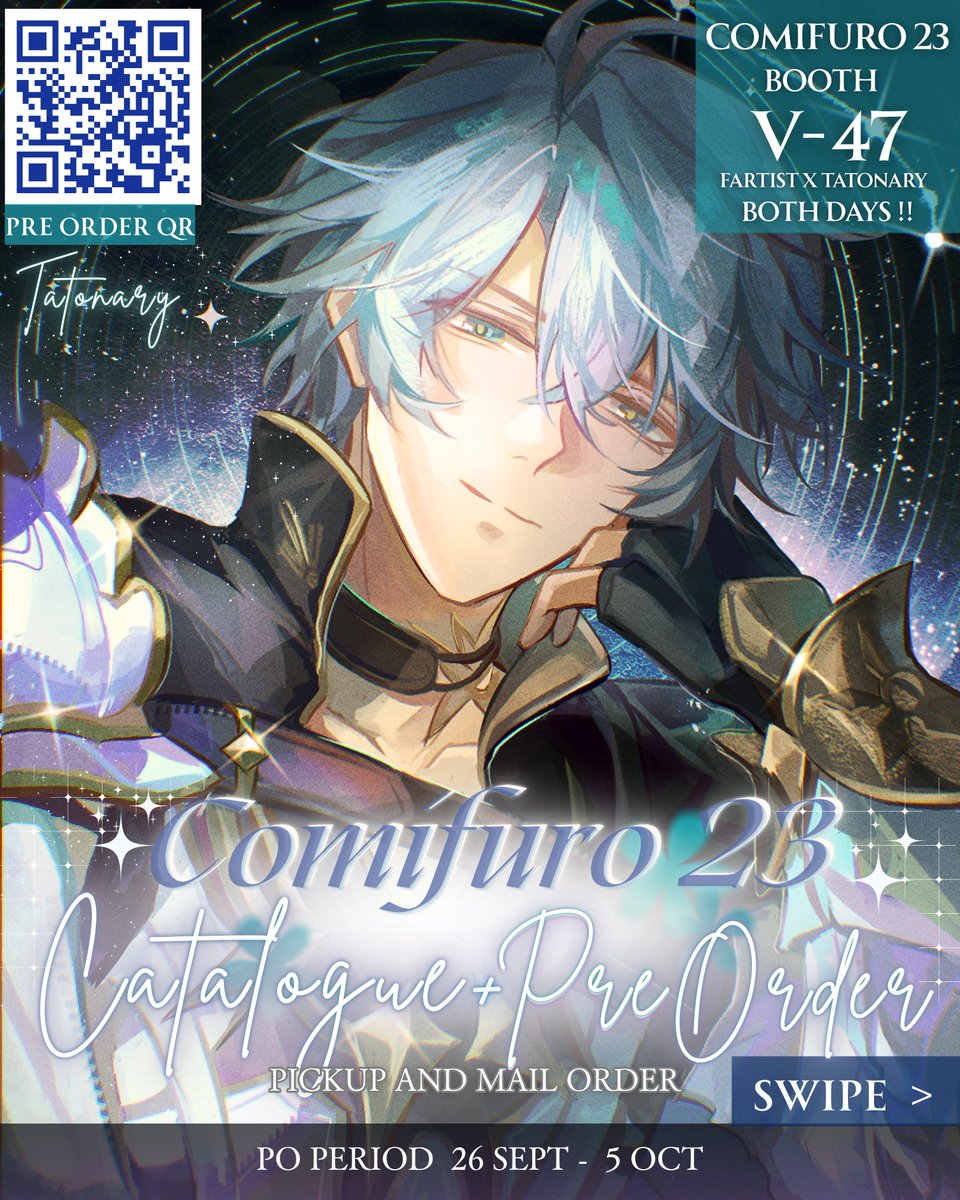 Tatonary's tweet photo. (🔁 &amp;💙 appreciated!!) 
My #CF23 PO is open 🫶✨

[GIVEAWAY 🎉🎉]
Like + RT + tag 1 friend  for join
[Get 150k merchs]

Info :
 ★ 26 Sept - 4 Oct
 ★ Booth V-47 both days
 ★ ship from jkt 
 ★ GOs DM
⤵️🔗 form &amp; more merchs

 ★[ HSR, Genshin,ALNST , Miku]
#comifuro23

[1/4] https://t.co/voKYtQnQgf