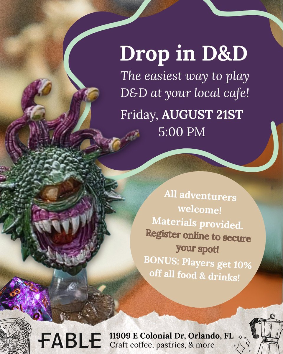HoracePerl1rtz's tweet photo. Join us August 21 at 5 PM for Drop-In D&amp;D! New and experienced players welcome; no campaign commitment required. GM-led adventures
• The Wild Sheep Chase (D&amp;D 5E, Level 3)
• Coming in Hot! (Outgunned Superheroes)
• The Understory Bloom https://t.co/Oxs7II9EEM