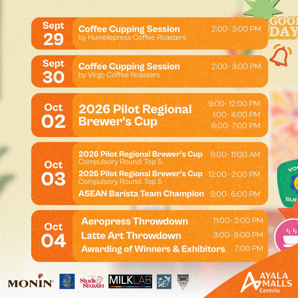 AyalaCentrio's tweet photo. #BrewFest2026 is pouring out more than coffee this year! 🎉

From cake decorating to sensory coffee challenges, there's something brewing throughout the event.

Check out the full Brew Festival schedule and we'll see you here at Ayala Malls Centrio! ☕️

#BrewFestival https://t.co/oE5F49GMKq