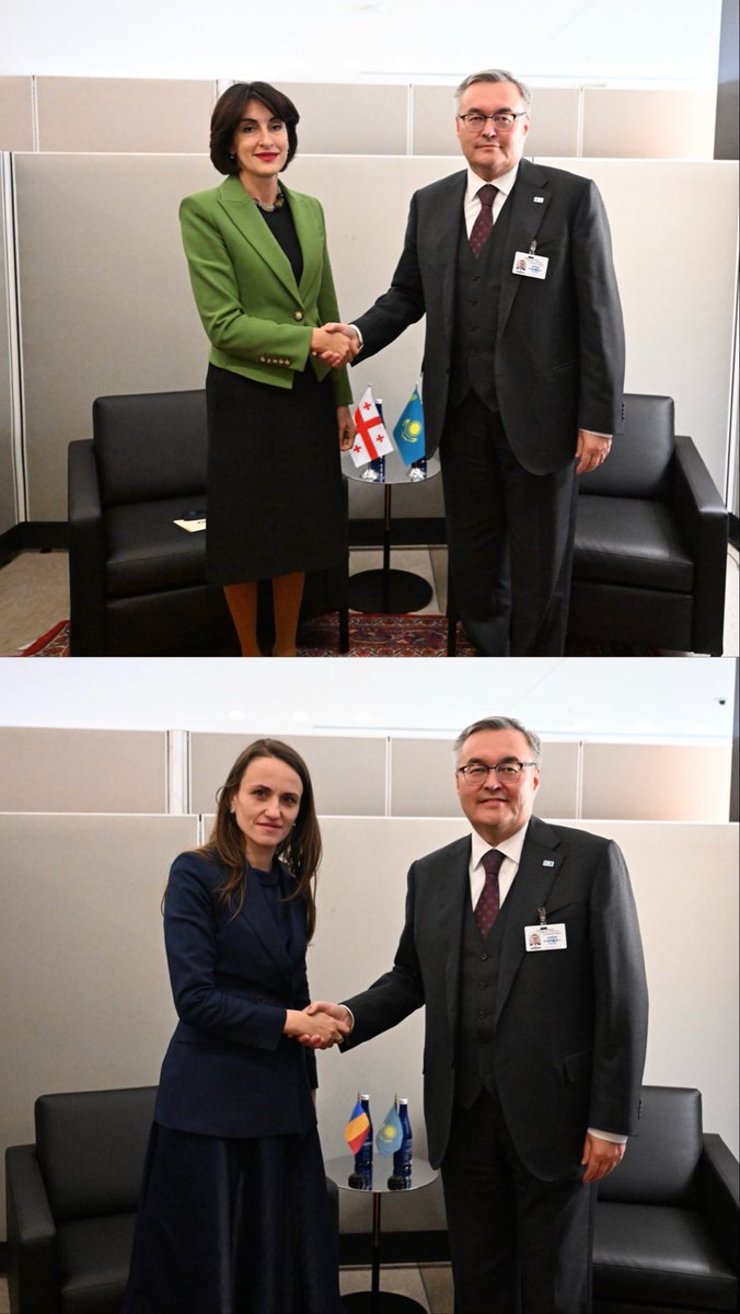 MBTileuberdi's tweet photo. Yesterday in New York met with fellow Foreign Ministers @MakaB__ 🇬🇪 and @oana_toiu 🇷🇴 and exchanged views on bilateral cooperation as well as discussed ways to further strengthen our partnerships. https://t.co/DE9vNycqLv