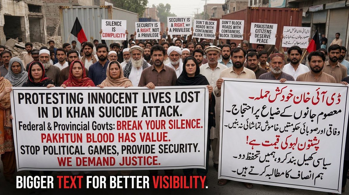 zeeshankhanCDA's tweet photo. Another shadow falls on
 DI Khan's ground,
While leaders chase power, completely unbound.With roads blocked by iron and walls built high,How long will the innocent suffer and die?A cry for peace rises up through the pain Demand for justice, again and again. https://t.co/inDn9OiaTm