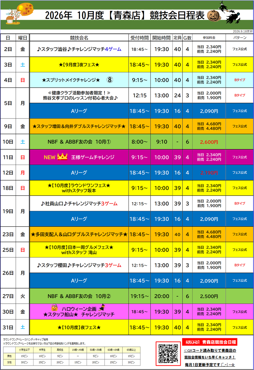 r1_aomori's tweet photo. ★☆★☆ボウリングコーナーからお知らせ☆★☆★

10月の競技会スケジュールはコチラ！

今月はハロウィーン企画チャレンジマッチも開催します👻

トリックオアトリートでお菓子がもらえるかも🎃⁉️

ぜひご参加下さい🐈‍⬛💕

#ボウリング #ラウワン青森 #青ラ https://t.co/NJ3vaWijQb