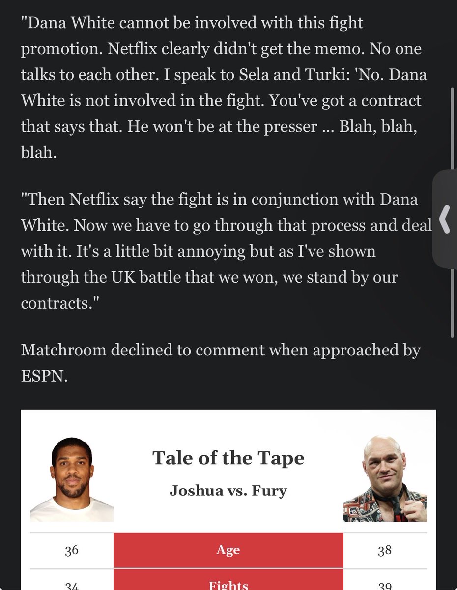 U_are_Fired's tweet photo. Bro there is no way that this @espn article about  
Tyson Fury claiming that Anthony Joshua fight in danger of being called off 👀 and coming at Dana White literally saying “blah blah blah” 😂🤣😂
#ufc #tyson #espn #fight 

https://t.co/MK0HUGPw1j https://t.co/CmF32TGfyG