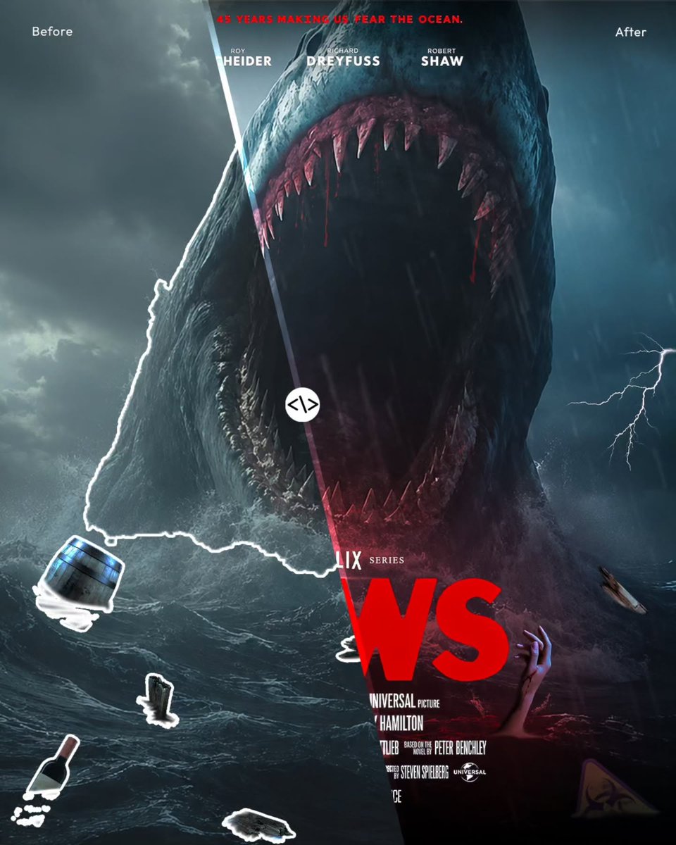ArceliaCiuwi's tweet photo. JAWS” Fear has a new face. A tribute to the ocean’s most iconic nightmare, reimagined with a cinematic edge. Designed to stop your scroll and make you fear the deep. Image: Razor Picz, Pinterest. https://t.co/b6xrpO85mw