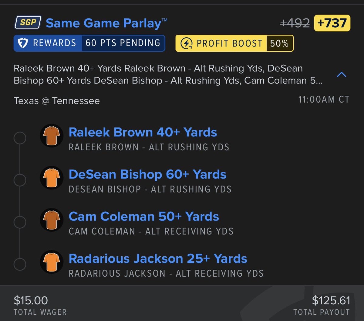 BettingHubHQ's tweet photo. 🔥🏈 TEXAS V TENNESSEE 🏈🔥
Raleek Brown 40+
DeSean Bishop 60+
Cam Coleman 50+
Radarius Jackson 25+
💰 $15 → $125.61
🚀 LET’S CASH THIS THING!
#CFB #CollegeFootball #CFBTwitter #SportsBetting #BettingTwitter #SportsTwitter #SameGameParlay #SGP #Parlay #Parlays #Betting #SportsBets #BettingCommunity #GamblingTwitter #FootballBets #CollegeFootballBets #NCAAF #NCAAFootball #TailOrFade #BetSlip #BettingSlip #LetsRide #WeRide #CashIt #LockItIn #BOL #GoodLuck #Underdog #Touchdown #Football #GameDay 🏈🔥💰