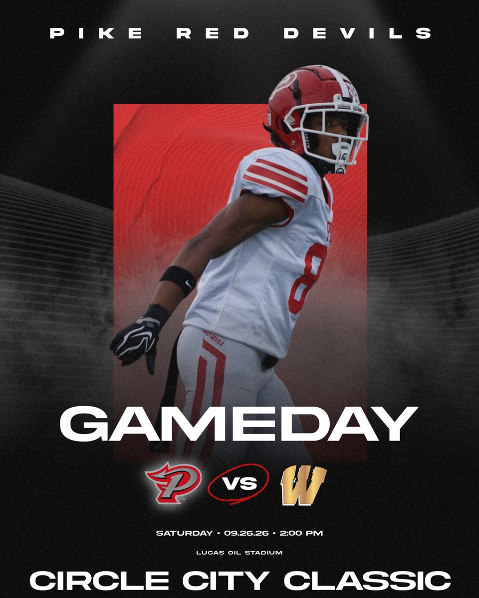 PikeHSAthletics's tweet photo. It’s Circle City Classic Game Day!
The Red Devils head to Lucas Oil Stadium to take on the Warren Central Warriors in the Circle City Classic!
Game time is set for 2:00pm.
#PikeProud https://t.co/1Zwz3LuSxM
