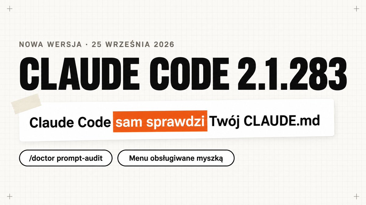 KacperTrzepiec1's tweet photo. Wyszła nowa wersja Claude Code 2.1.283 (25.09). Jest w niej jedna komenda, którą warto odpalić jeszcze dziś.

🔹 Claude Code sam przejrzy Twoje instrukcje. Wpisujesz /doctor prompt-audit i dostajesz listę miejsc w CLAUDE.md i skillach, które wskazują na nieistniejące pliki, przeczą sobie albo były pisane pod starsze modele. Jeśli budowałeś asystenta kilka miesięcy temu i od tamtej pory tylko dopisywałeś, prawie na pewno coś tam znajdzie.

🔹 Menu obsługujesz myszką. Listy w /help, /mcp, /plugin i reszcie przewijasz kółkiem i wybierasz kliknięciem, zamiast przewijać strzałkami na klawiaturze.

🔹 Claude Code szybciej startuje i szybciej zaczyna odpowiadać. Tu nic nie trzeba włączać, wystarczy aktualizacja.

Pełna lista zmian po polsku 👉 https://t.co/80KcIBgbYM