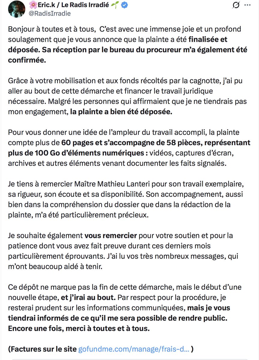 ShizzleTruth's tweet photo. #HarcèlementShizzle Le Radis Irradié indique le 14 Septembre 2026 avoir bien déposé une plainte contre Shizzle. Le dossier réceptionné par le Procureur de la République contient 60 pages avec 58 pièces représentant plus de 100 Go d’éléments numériques. https://t.co/yZaWGlF1mP https://t.co/KsnEVf6tep