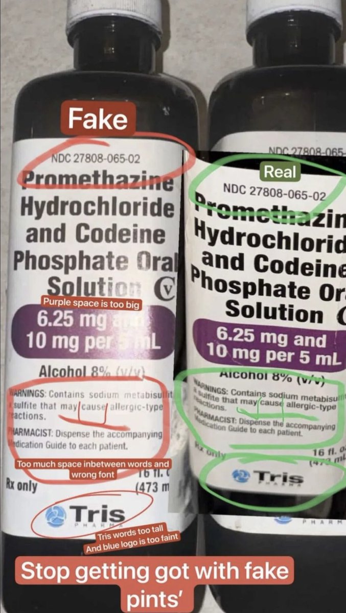 DRANKTWEET's tweet photo. Free game ❗️

I been seeing hella fake Tris pints on here so here’s how to tell the difference don’t be buying them dark web pints yall if ain’t come from your pharmacy don’t trust it https://t.co/d22PLUI17m