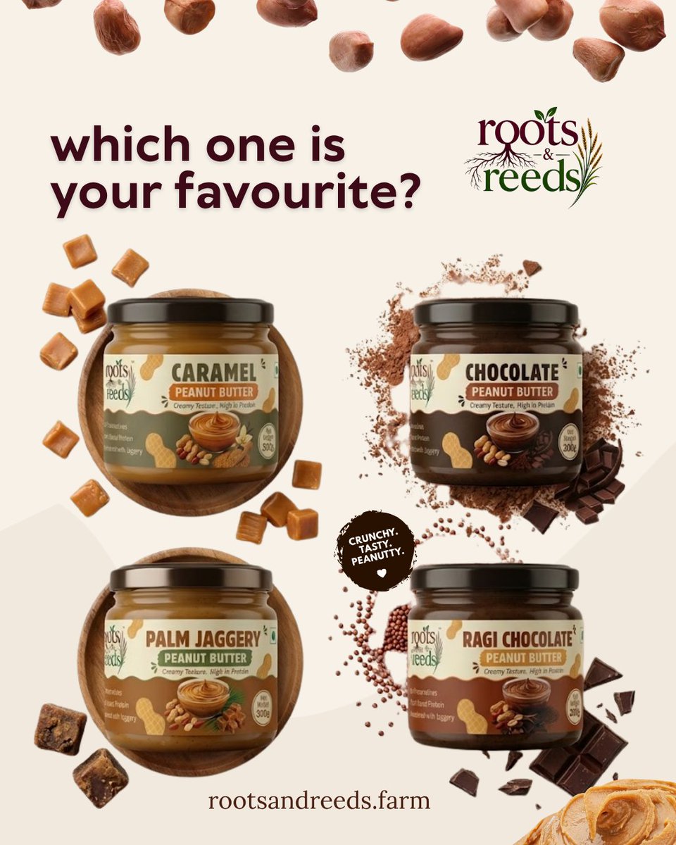 rootsandreeds's tweet photo. Toughest choice of the day! 😋
Caramel, Chocolate, Palm Jaggery or Ragi Chocolate?
Which one is YOUR favourite? 👇Comment below!
Crunchy. Tasty. Peanutty. And made with jaggery, not sugar! https://t.co/60is6cq4sp
#RootsAndReeds #PeanutButter #WhichOneIsYourFavourite #HighProtein https://t.co/3ecdaF0nNf