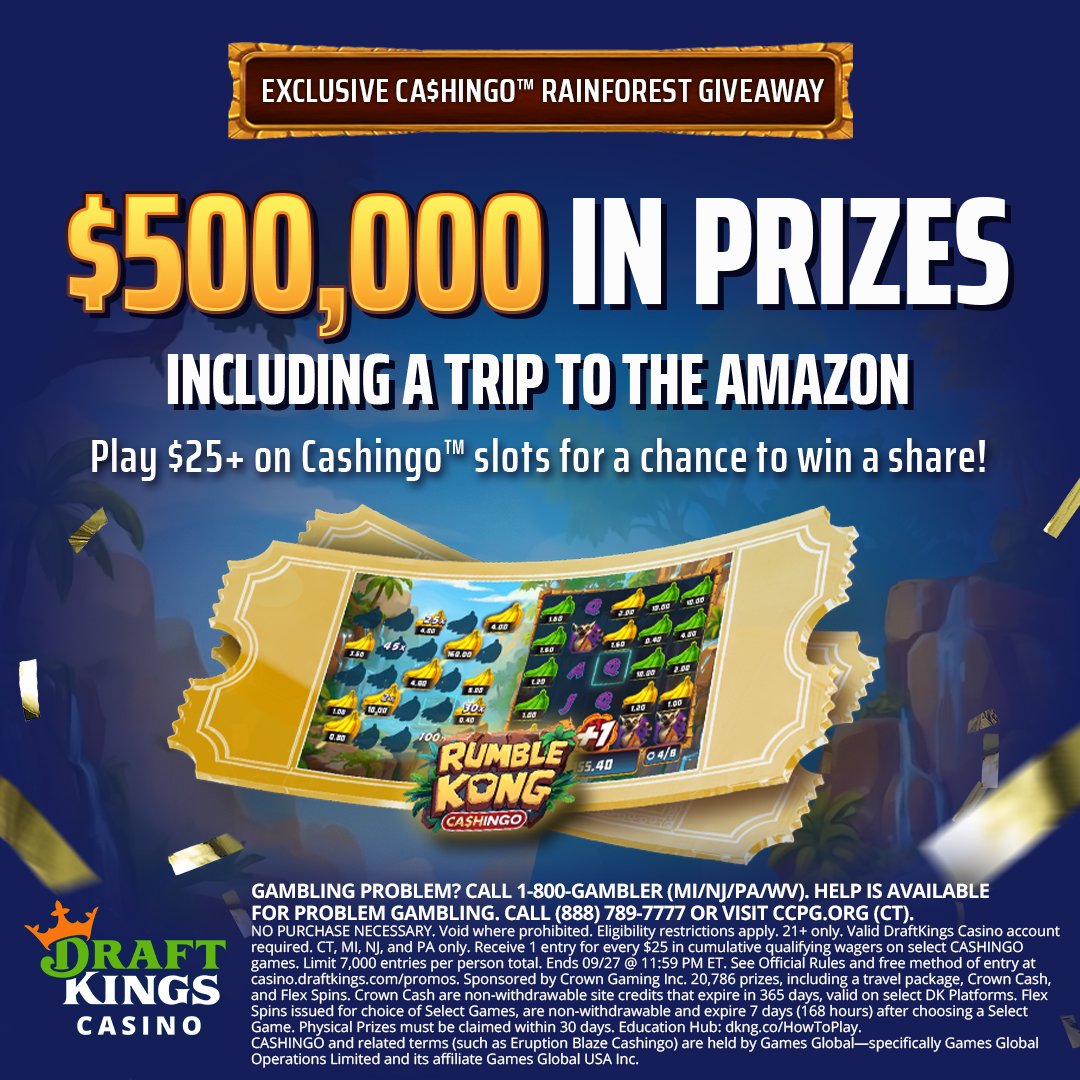 DKCasino's tweet photo. Hope your passport is up to date! Rumble Kong has plans 🌴🦍

Play $25+ on select Cashingo slots for your chance to win a share of $500,000 in prizes, including a trip to the Amazon 👀

Ends 09/27. https://t.co/jsVsZRNaxj