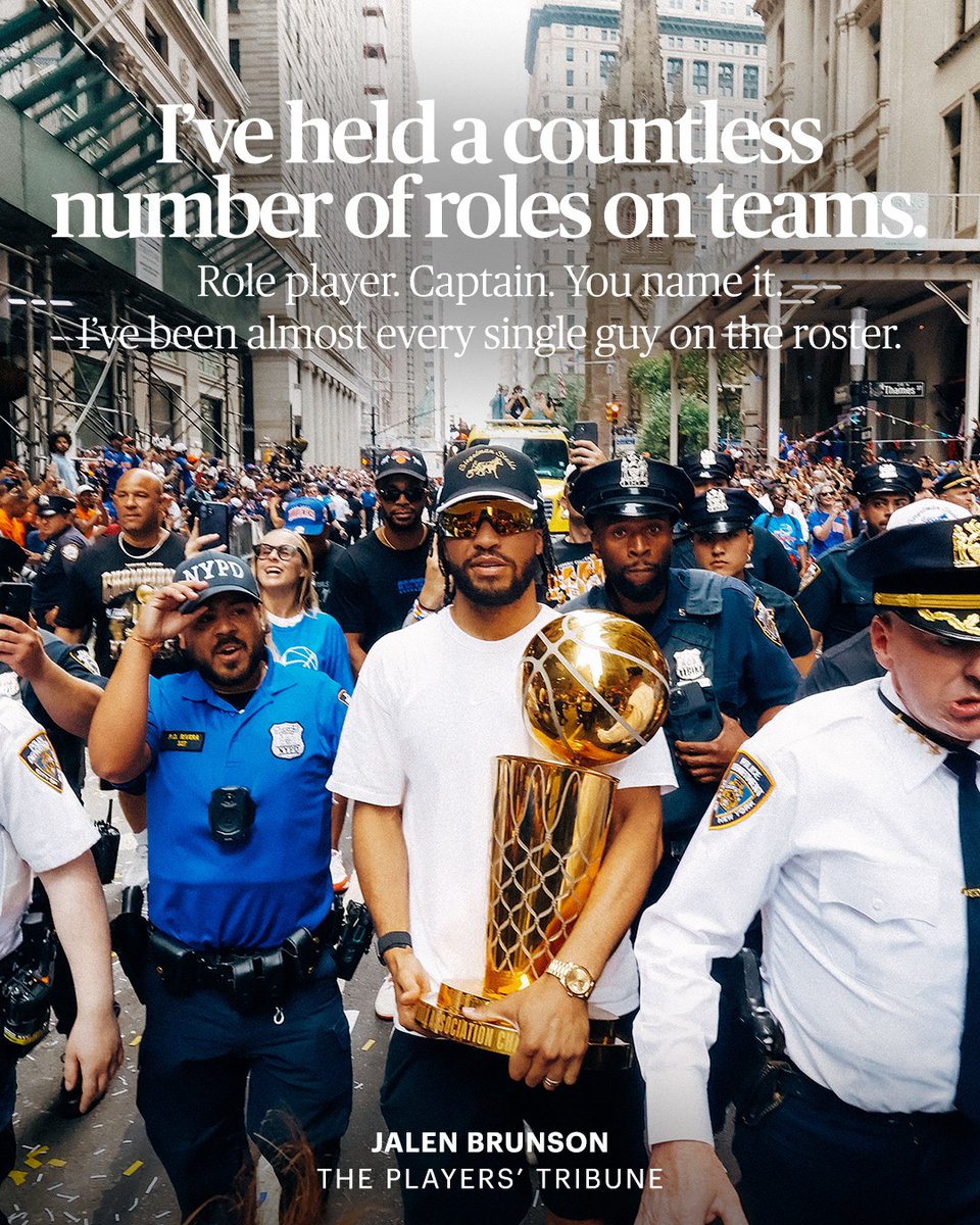 PlayersTribune's tweet photo. Jalen Brunson in 2024: “When I came here to the Knicks, I knew I’d have the opportunity to lead and have a voice in helping these guys become a better team. So when I got to NYC that summer, in 2022, that was my goal first and foremost — how can we lead this team to win? Across my entire basketball career, going back to middle school and high school, I’ve held a countless number of roles on teams. Role player. Captain. You name it. I’ve been almost every single guy on the roster. I’ve been in situations where I’ve had to lead, and where I’ve been led. So coming here, I understood what I needed to do.

Anyone who knows me can tell you, I’ve never been the kind of guy who enjoys being in the spotlight. I like to keep things simple. I live a regular lifestyle as best I can. I think what’s been most important in everything, is keeping the people I love close to me, having my family keeping me humble and in the right frame of mind. They keep me grounded and keep me straight on the mental side, and I’m really thankful for it. I honestly couldn’t do it without them.

That’s been the major theme since I got here … family. When it comes to what it means to me to be a part of this Knicks era, it all starts there.” https://t.co/P0DTSgY5N6

@jalenbrunson1 | @nyknicks | @NovaMBB