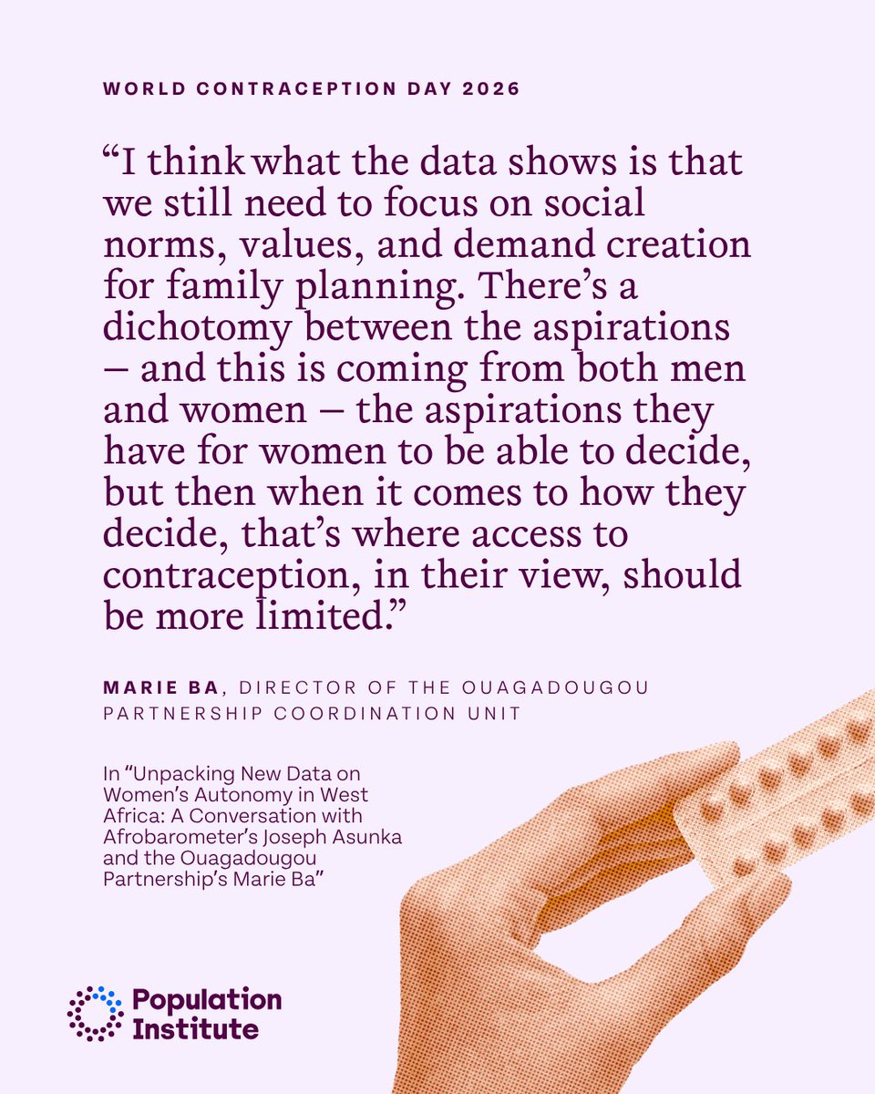 PopInstitute's tweet photo. This #WorldContraceptionDay, explore new data from @afrobarometer, which offers a closer look at women’s autonomy in Francophone West Africa—and the gap between support for women’s reproductive decision-making and support for contraceptive choice. 🔗 https://t.co/XylSDrmSND. https://t.co/bSX47Q7OYp