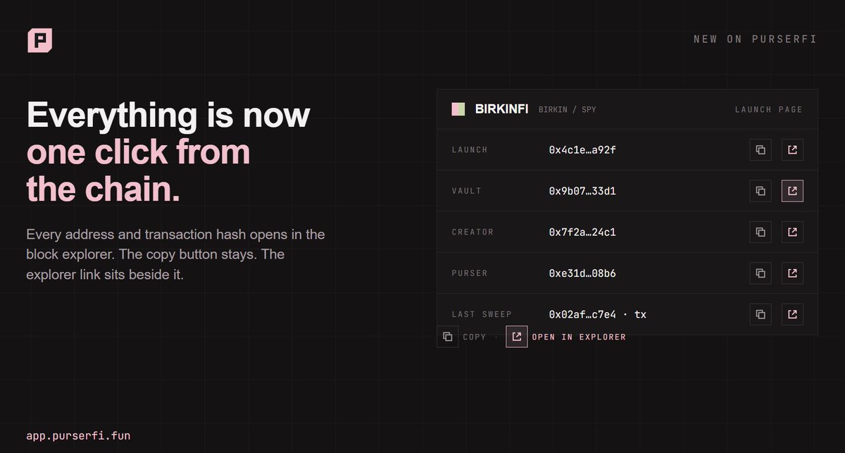 purserfi's tweet photo. We just rolled out an update.

Everything is now one click from the chain.

Every address and transaction hash now opens directly in the block explorer — launch contracts, vaults, creators, counterparties, claims, sweeps and more.

Available across the board, launch pages, activity, positions and leaderboards.

The copy button stays. The explorer link sits beside it.

Don’t trust the dashboard. Verify the chain.

https://t.co/fk31HY8WYi