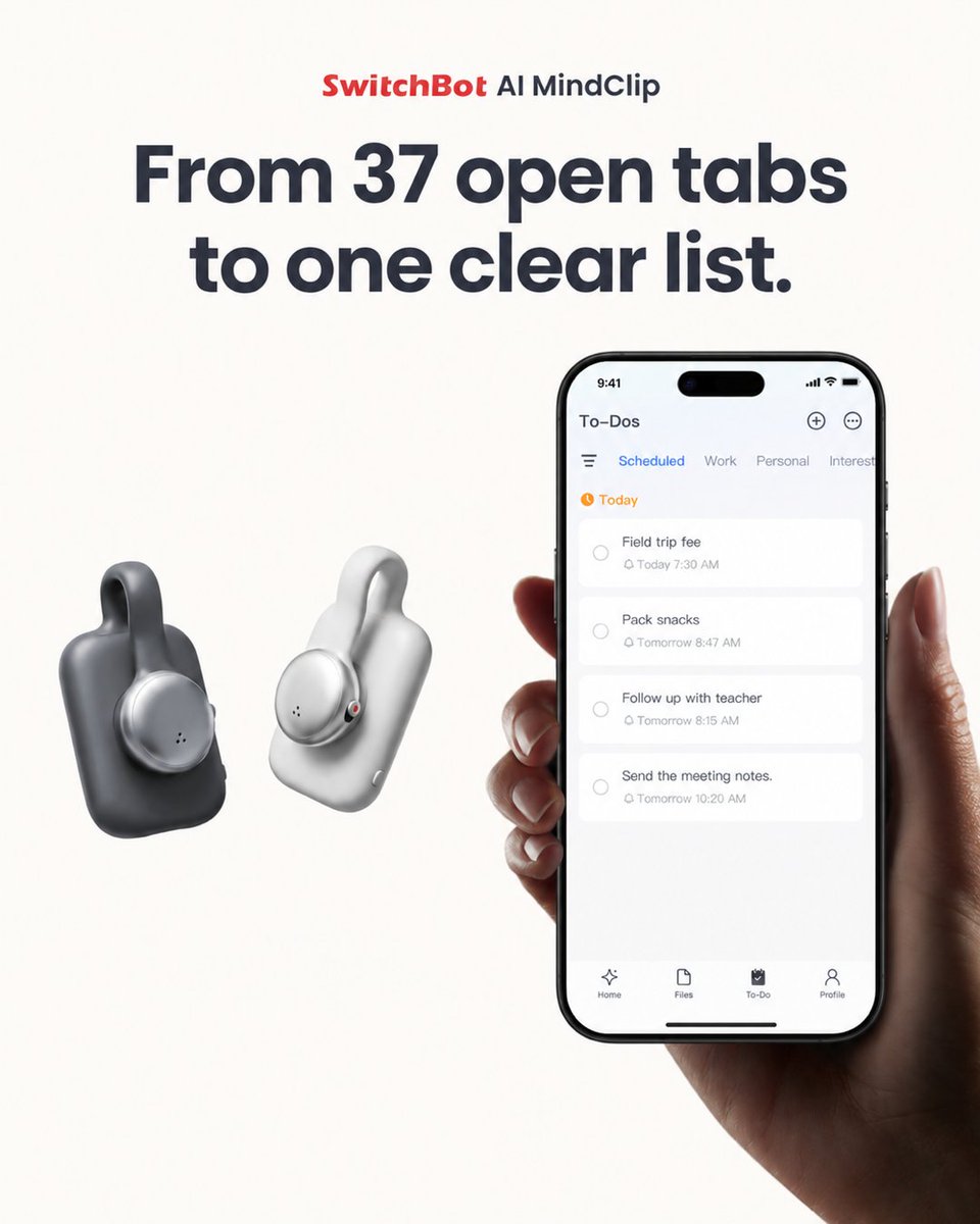 SwitchBot's tweet photo. Your brain has 37 tabs open, and someone just asked what's for dinner. 😭
Let AI MindClip help you keep track of what matters. 
Discover more 👇
Amazon: https://t.co/auh86YxvHG
SwitchBot Official: https://t.co/FMB3Q1xbCT
#SwitchBot #AIMindClip #ParentLife #MentalLoad https://t.co/AZnwbrcm2R