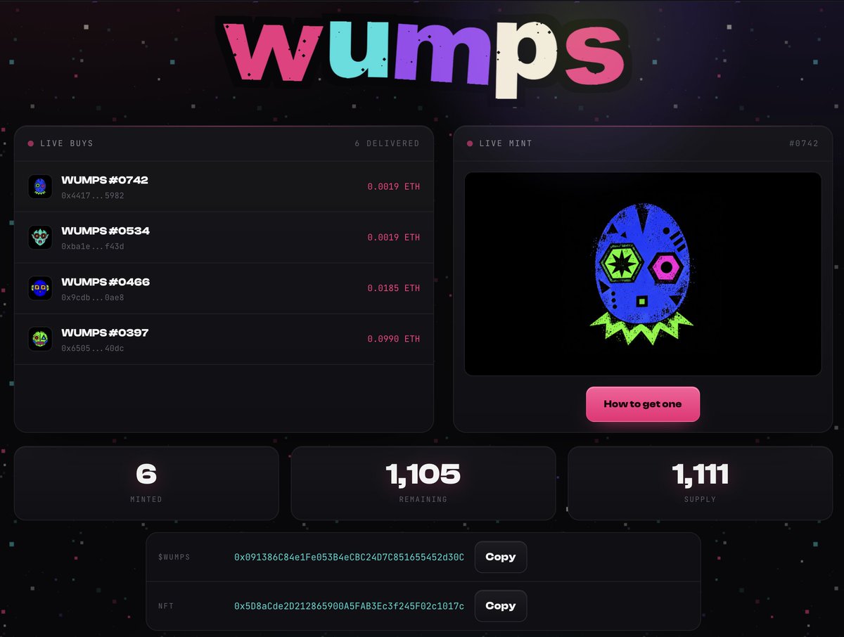 Wumpsrh's tweet photo. 1. Hold $5+ of $WUMPS
2. Your Wump NFT lands in - 1 min
3. Easy Done! Check your wallets

Just Pons. 
Simple as that. 
No mint button. No gas. No snipers. https://t.co/UJQbjh0Nke
