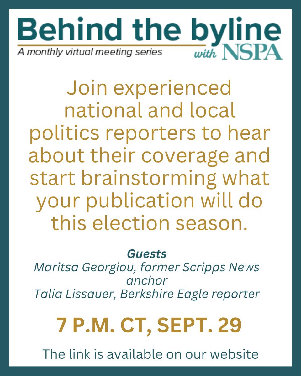 NSPA's tweet photo. Wondering what you should do for your election coverage this year? Join us Tuesday to hear from experienced reporters about how they approach election coverage — and what they wish they knew in high school.

The join link is on our website: https://t.co/wyBQkU2XaY https://t.co/dpOzTgGACe