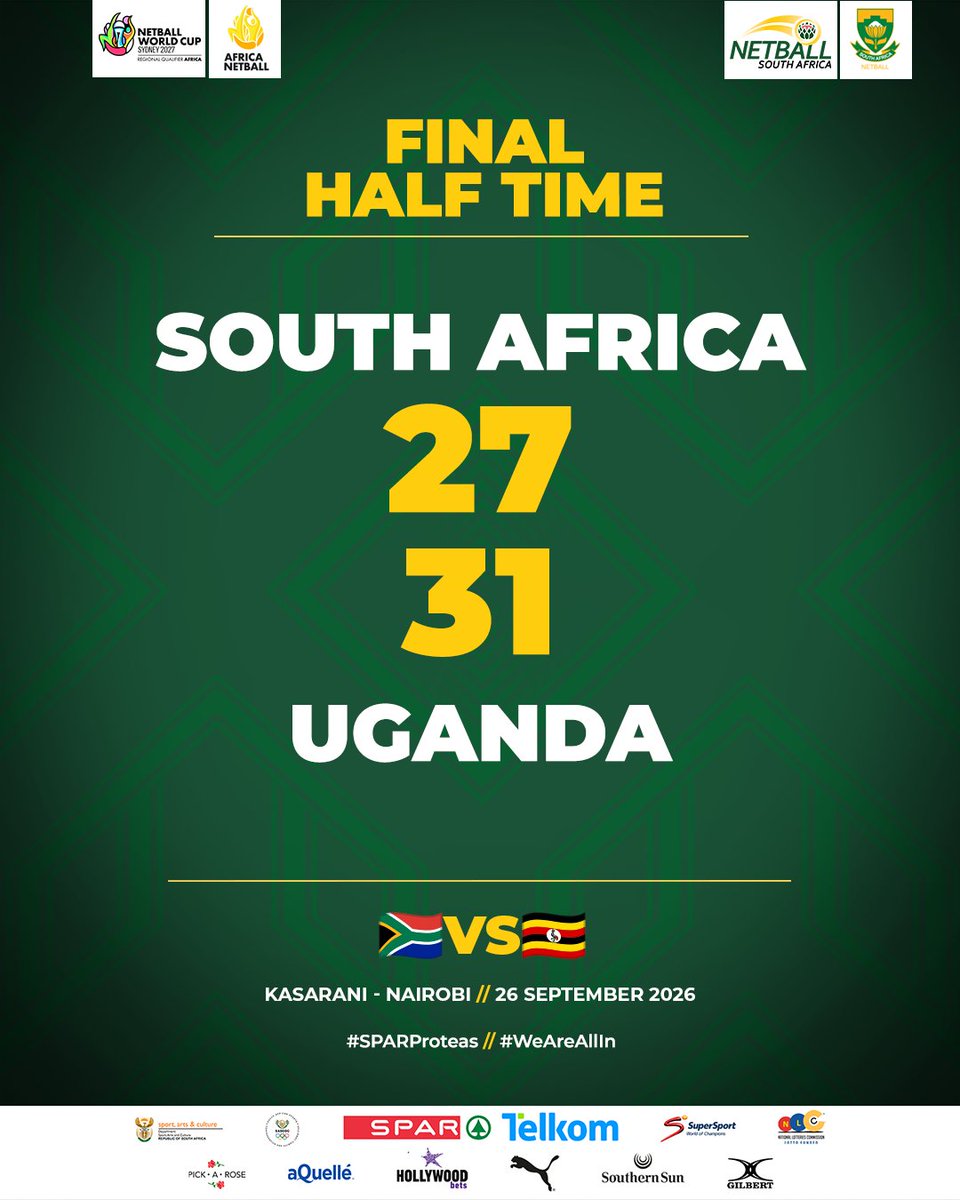 Netball_SA's tweet photo. A tight battle in Nairobi as Ugandaโs She Cranes take a lead into the break. ๐บ๐ฌ๐ฟ๐ฆ
All to play for. One half to go.
#SPARProteas #AfricaNetballCup2026 #WeAreAllIn https://t.co/KHXsU0yx0a