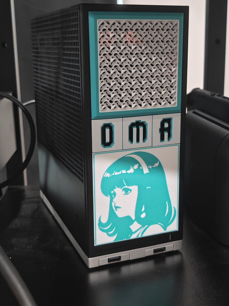 mortalglitch's tweet photo. Got the FW Desktop finally set up with plates from @Forgework_ running #Omarchy and #hermesagent going to be a fun time.
Sorta stole the idea from Forgework but can't deny its pretty sexy.
Couch gaming and AI tinkering on the roads ahead. https://t.co/M2uisFotW8