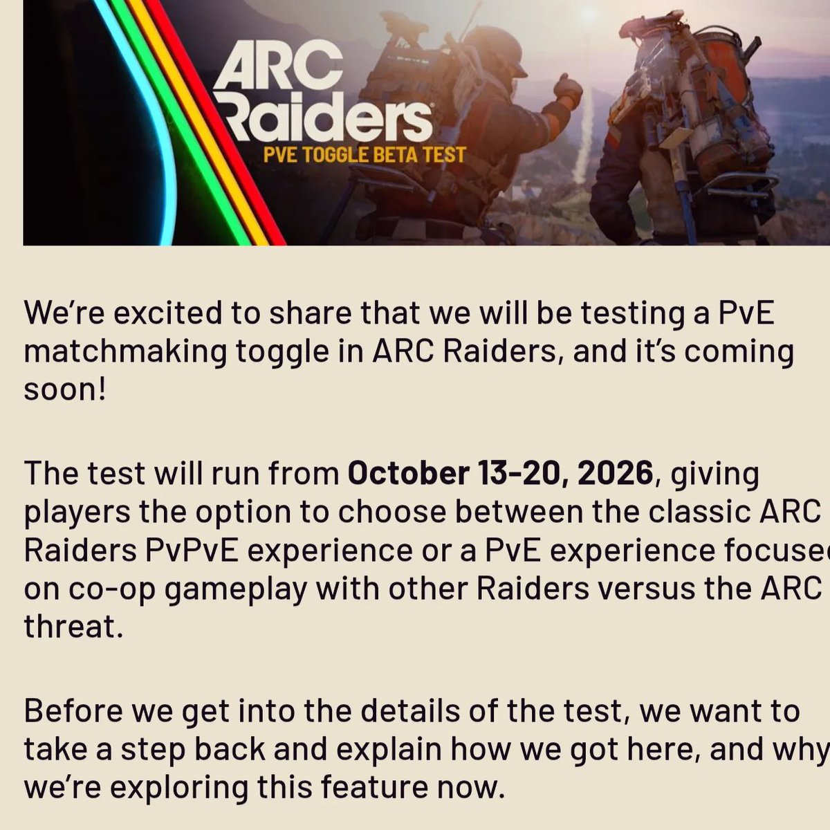 jake_retrowaves's tweet photo. Arc Raiders is testing a PvE-only mode after the developers said they couldn't ignore what the player data was telling them. That is one of the healthiest things a live-service game can do. Ship the idea. Watch thousands of people play it. Find out what they actually enjoy. Change the game. Somewhere along the way, “data-driven development” became corporate wallpaper. Games are one of the few places where you can literally watch the data scream at you in real time.