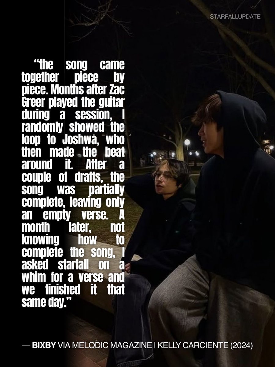 starfallupdate's tweet photo. “the song came together piece by piece. Months after Zac Greer played the guitar during a session, I randomly showed the loop to Joshwa, who then made the beat around it. After a couple of drafts, the song was partially complete, leaving only an empty verse..”

+ https://t.co/Uf6vmBOHMz