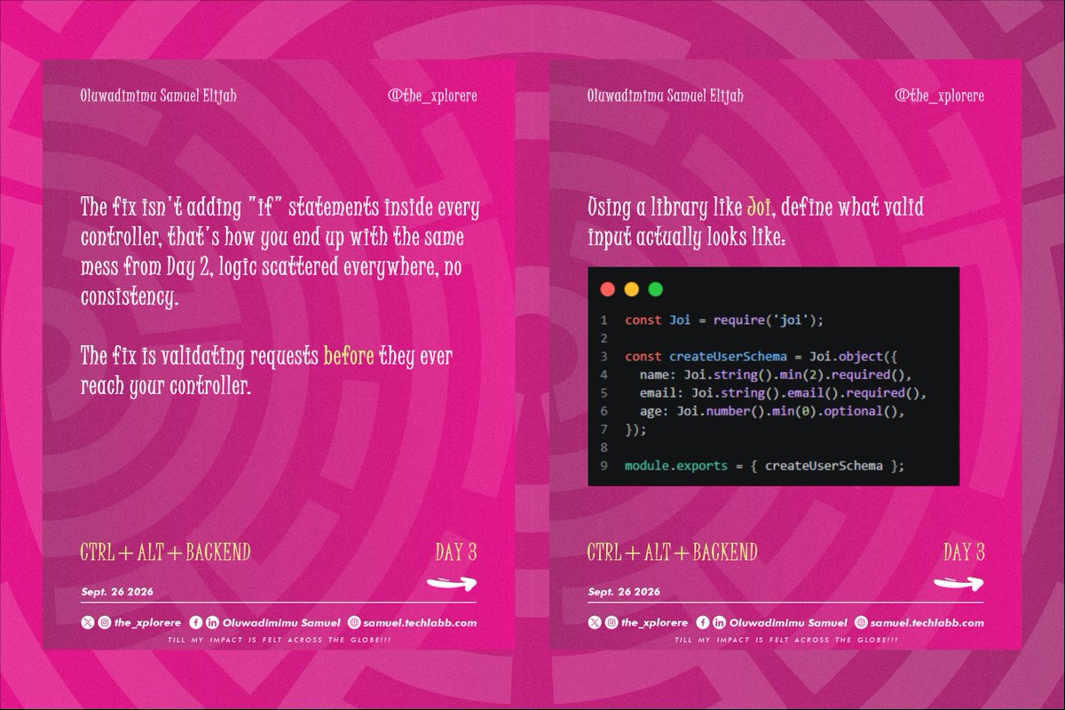 the_xplorere's tweet photo. Structure keeps your code clean. Error handling keeps failures predictable. Validation stops bad data from ever getting in before it becomes someone else's bug to find.
#BackendDevelopment #NodeJS #ExpressJS #InputValidation #CtrlAltBackend https://t.co/qtbNb6Xefy