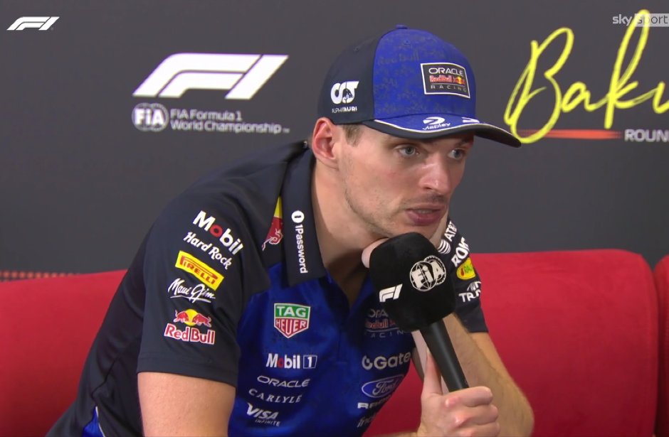 SCUDERIAFEMBOY's tweet photo. they asked max about lando saying in the media pen that drivers that cause such accidents like today deserve a raceban.

max: ''i think that as long as the driver that caused it is aware of what he did and apologizes.. it happens. i mean a small mistake or misjudgement, you lock up, it's on the inside low grip.. it's a bit unfortunate that involves so many cars but.. unfortunate it happens. it's not nice for anyone involved right? but a race ban is a bit much.''
