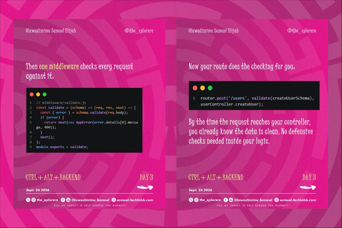 the_xplorere's tweet photo. Structure keeps your code clean. Error handling keeps failures predictable. Validation stops bad data from ever getting in before it becomes someone else's bug to find.
#BackendDevelopment #NodeJS #ExpressJS #InputValidation #CtrlAltBackend https://t.co/qtbNb6Xefy