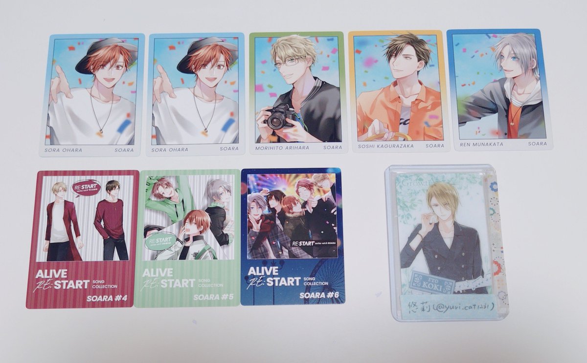 yuri_cat1231's tweet photo. 【交換】ツキプロ ALIVE RE:START SONG COLLECTION リスタ 特典 トレーディングカード

譲)画像の物

求)上段(各1):昂輝·剣介·涼太·衛
下段:Growth Bセット

☆宗司は衛>昂輝との交換
☆下段はセットでの交換
☆郵送での交換
よろしくお願い致します。 https://t.co/UKPZ0xMZLd
