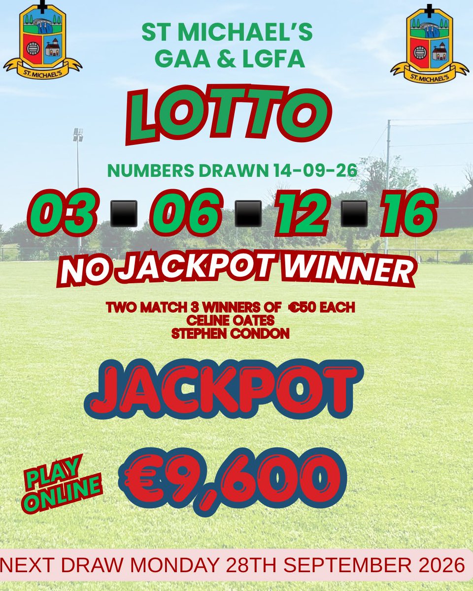 michaels_gaa's tweet photo. 💚St Michael’s LOTTO ❤️

💶 JACKPOT €9,600💶 

📅Next Draw September 28th 2026

Purchase here- 
https://t.co/vyMsoNGDky

▫️Play online 
▪️3 entries €5
▪️7 entries €10
✨ New Annual Offer-
Get 3 entries into every draw for just €100 for a year!

Don’t miss your chance to win — thank you for your support & best of luck to all our players! 🍀 #Rosgaa