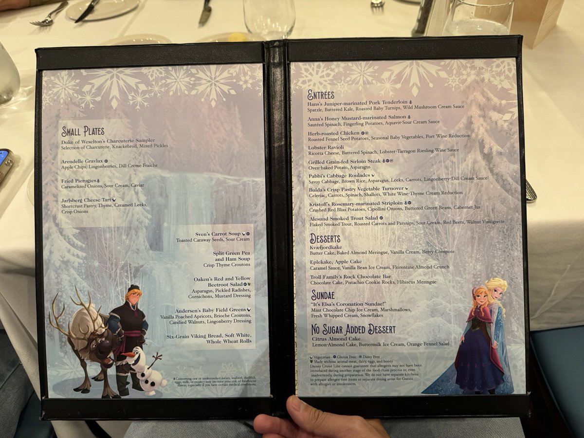 d___Disney's tweet photo. Day3のディナーはDay2に引き続きLumiere’s🍽️
船内は1日中『A Frozen Fjord Celebration』でアレンデール/アナ雪の世界をお祝いするお祭りです🪅
メニューもFrozenメニューに❄️
#DM_DISNEY_LOG https://t.co/zMYbbEbEOw