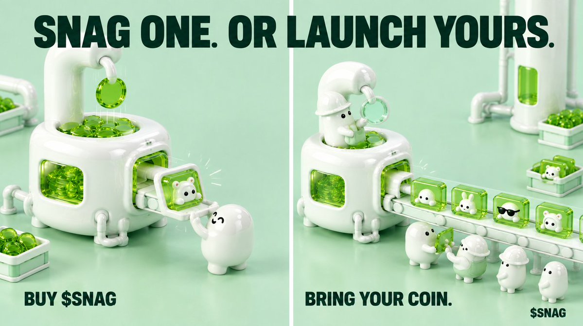 SnagHookNFT's tweet photo. How to use Snag

To snag a piece:
▸ Buy $SNAG on @ponsdotfamily
▸ A piece lands in the wallet that bought, moments later
▸ Nothing to claim, no form, no mint page
▸ Connect your wallet on the site to see your pieces, Common to Legendary
▸ Missed one? Paste your buy in Check a buy and mint it yourself

To launch your own:
▸ Connect your wallet on the site
▸ Paste your coin's address
▸ Upload your art and set your traits and rarity
▸ Set a minimum buy and a supply cap
▸ Deploy your collection from your own wallet
▸ Fund the mints, your buyers pay nothing
▸ Every buy of your coin sends your buyer a piece

Snag one. Or launch yours.

@SnagHookNFT 

$SNAG

https://t.co/46nl5mDNFT