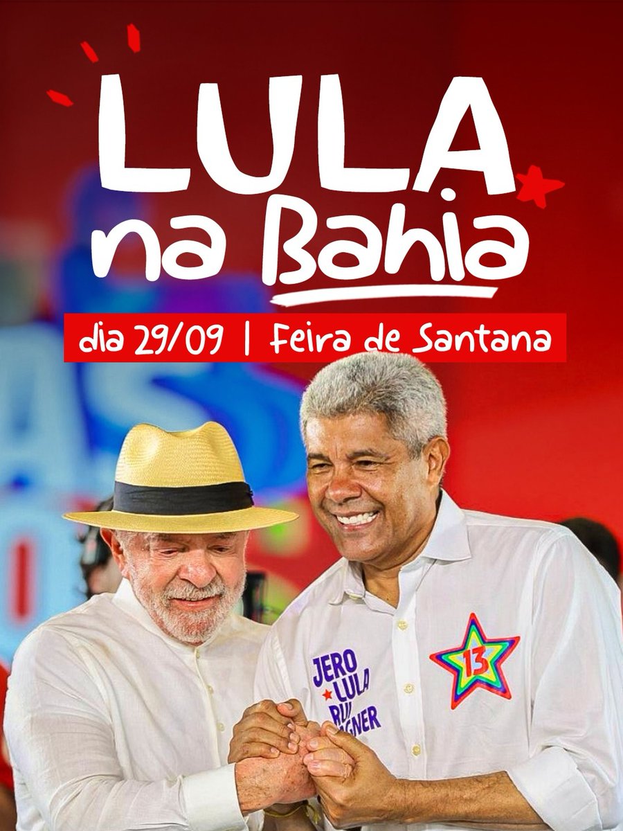 AdolphoLoyola's tweet photo. A Bahia vai receber, mais uma vez, o maior presidente da história do nosso país. ⭐❤️

Na próxima terça, 29/09, Feira de Santana será o ponto de encontro da esperança e da força do nosso povo para receber @LulaOficial  ! Junto ao governador @Jeronimoba13 https://t.co/N6JfyBBO5I