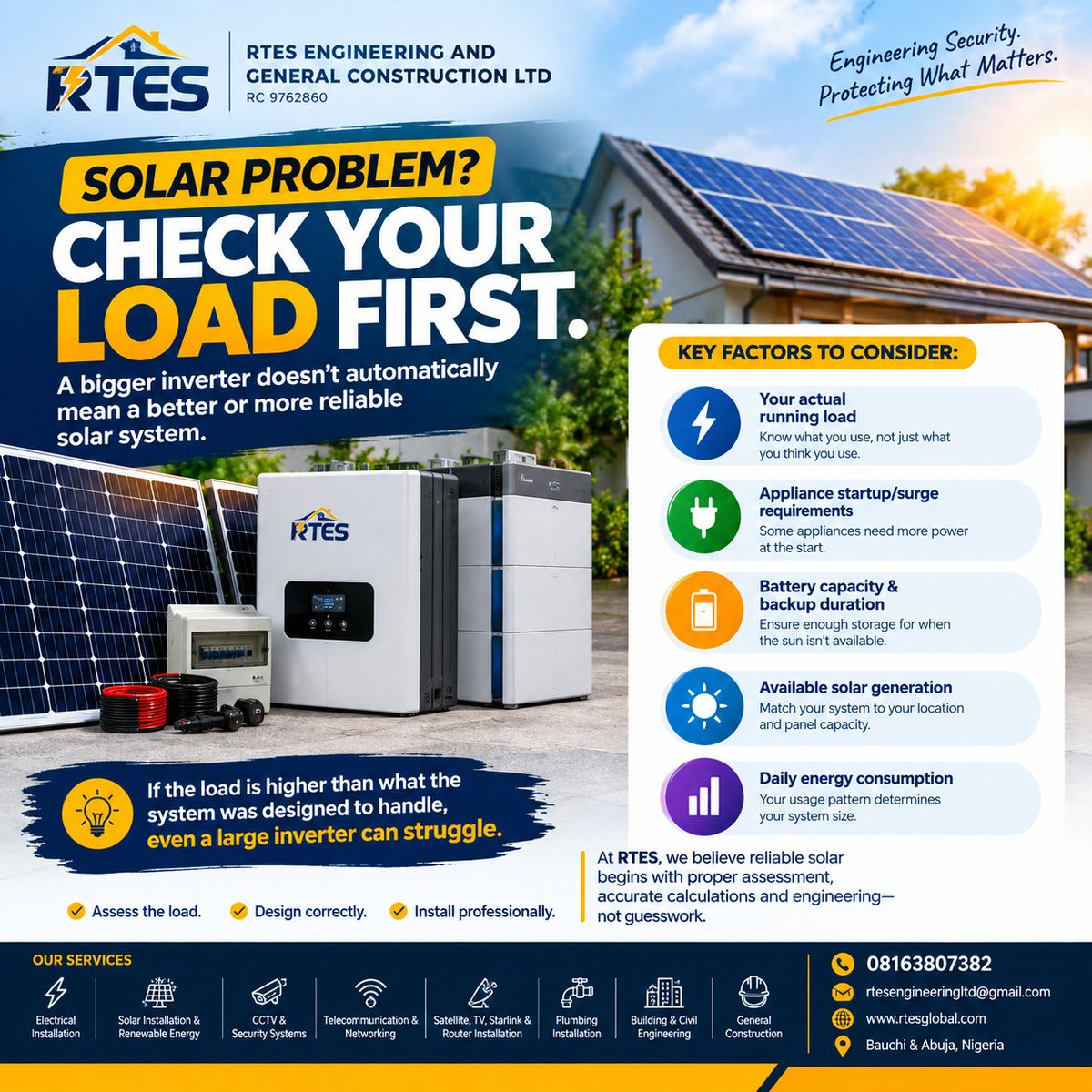 rtesglobal's tweet photo. ☀️ A bigger inverter doesn’t automatically mean a better solar system.

Reliable solar starts with proper load assessment—running load, startup demand, battery capacity, daily energy use &amp; solar generation.

Assess first. Design correctly. Install professionally.

#RTES #Solar https://t.co/DEe77MUZbW