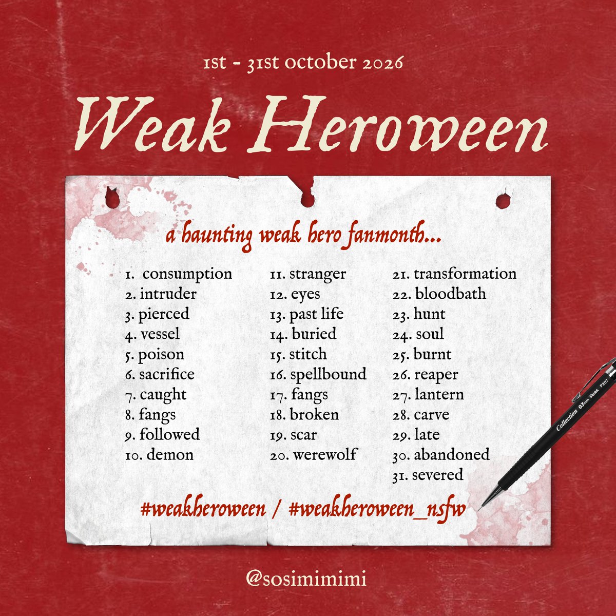 sosimimimi's tweet photo. a haunting is coming to weak hero city for the second time...! 👻🪦 presenting the prompts for #weakheroween 2026 🎃

🐈‍⬛🌙 all types of fanwork welcomed 
🔮🐺 go at your own pace and have a good time
⚠️🔞 for nsfw works, please tag your work with #weakheroween_nsfw https://t.co/4ATgeAU6vb