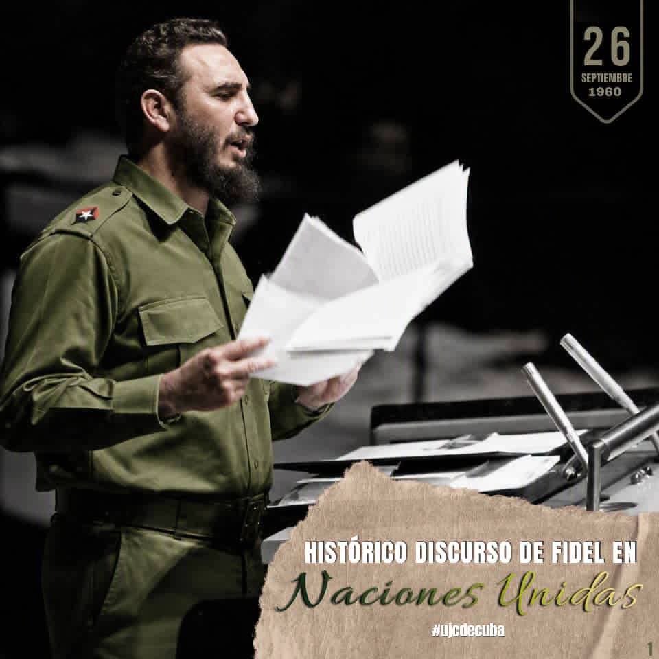 UJCdeCuba's tweet photo. 🇨🇺| Hace 66 años, la voz de Cuba retumbó en la ONU. Con la verdad como escudo, el líder cubano habló durante 4 horas y 29 minutos. Denunció la agresión, defendió la soberanía y sembró en el corazón de los pueblos del mundo la certeza de que Cuba jamás se arrodillaría. https://t.co/NyvLgCp95q