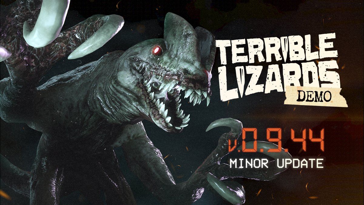 TerribleLzrds's tweet photo. ICYMI, we’ve updated the Terrible Lizards demo! 💿 

We’ve taken your feedback and made some tweaks: 
🏃‍♂️ Adjusted the speed of [REDACTED] 
🔢 Added version # to main menu 
✂ Fixed various clipping issues 
⚙ + many other bug fixes! 

 Check out the full notes on Steam or on our Discord!