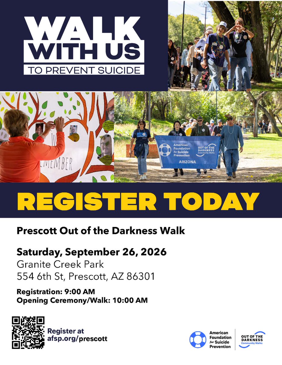 MATFORCEAZ's tweet photo. Today’s the day to make a difference! 💙 

Join us at Granite Creek Park for the Prescott Out of the Darkness Walk and help raise awareness for suicide prevention. Registration starts at 9:00 am, and the walk begins at 10:00 am. 

Every step brings hope—let’s walk together for change, support, and community healing. #OutoftheDarkness #HopeWalks #YouAreNotAlone