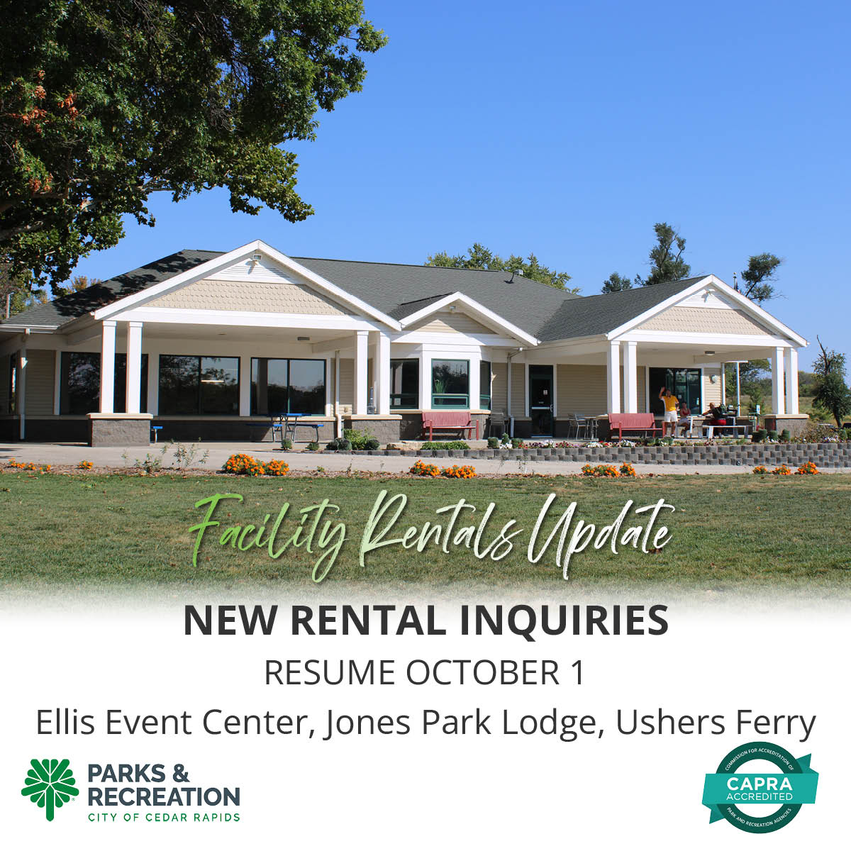 CityofCRiowa's tweet photo. 🎈 Planning an event at Ellis Event Center, Jones Park Lodge or Ushers Ferry? New rental inquiries remain paused through September 30. 

Existing reservations are not affected. 

We’ll begin taking new inquiries again October 1! 📅 #PlayCR https://t.co/y2roNzr9v8