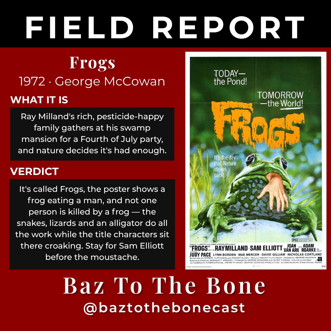 baztothebonepod's tweet photo. Field Report: I watched Frogs (1972) so you don't have to. The frogs don't kill anybody. Snakes, lizards and an alligator do all the work while the title characters sit there croaking. #Frogs1972 #HorrorPodcast https://t.co/ZluwQHvkqd