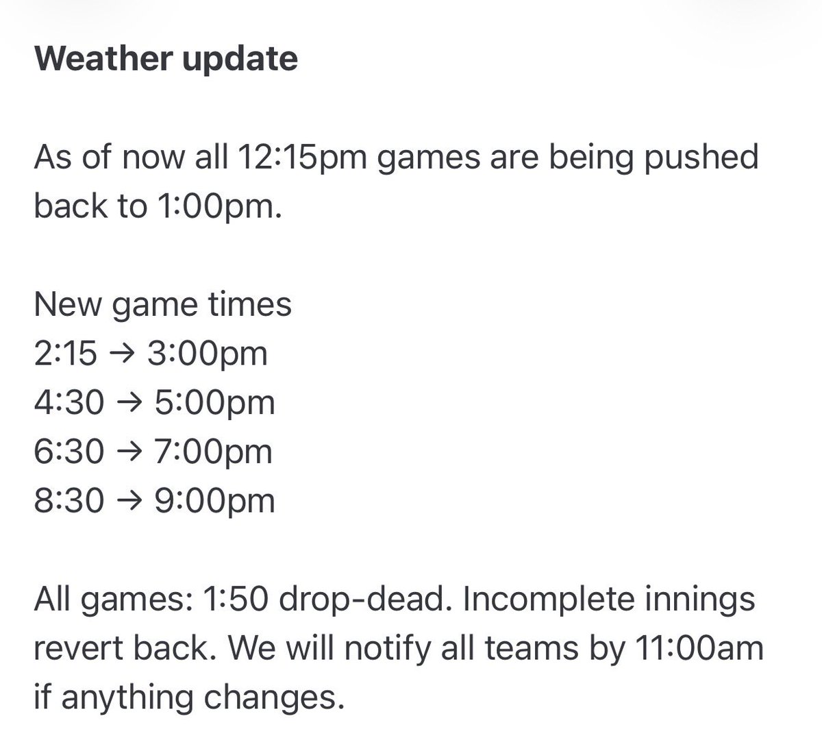 prod9924's tweet photo. 1pm game cancelled because it was offsite 7pm and 9pm games still on https://t.co/GovigKnZem