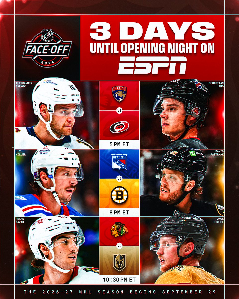 Only three days until these three marquee matchups kick off #NHLFaceOff! 🤩

Watch @​espn's opening night tripleheader on September 29 starting at 5PM ET! 
 [📷