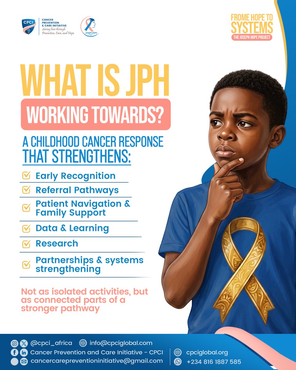 cpci_africa's tweet photo. From awareness to stronger systems. 💛

The Joseph Hope Project brings our thinking around recognition, referral, care, family support, data and research into one connected vision:

Stronger childhood cancer pathways.

#GoGoldWithCPCI #ChildhoodCancer #JosephHopeProject  @UNICEF https://t.co/Z21GEq6wiu
